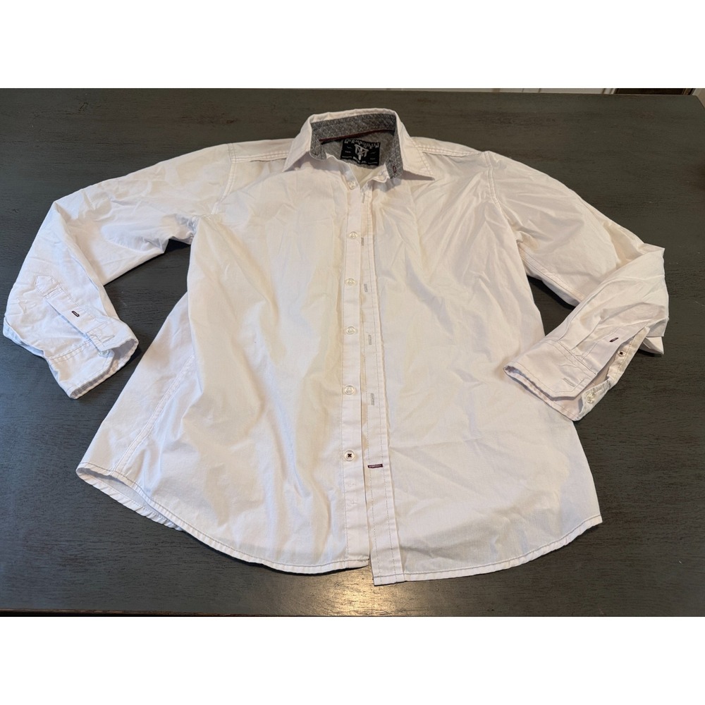 white TRANQUILITY MAYHEM long sleeve collared button up dress shirt size medium